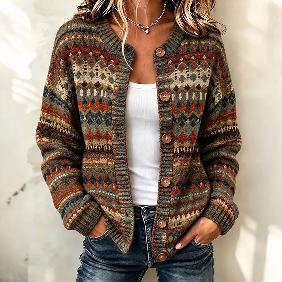 Comstylish Women's Bohemian Retro Gradient Art Print Knit Button Cardigan