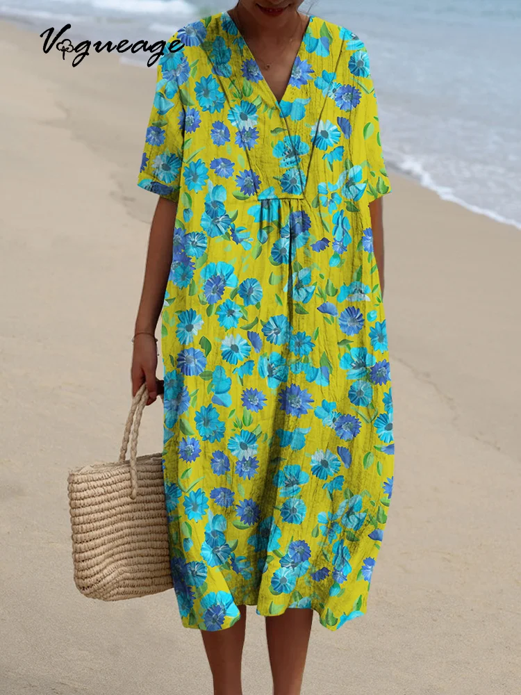 Fresh And Stylish Flowers Printed Women's Casual Cotton And Linen Dress