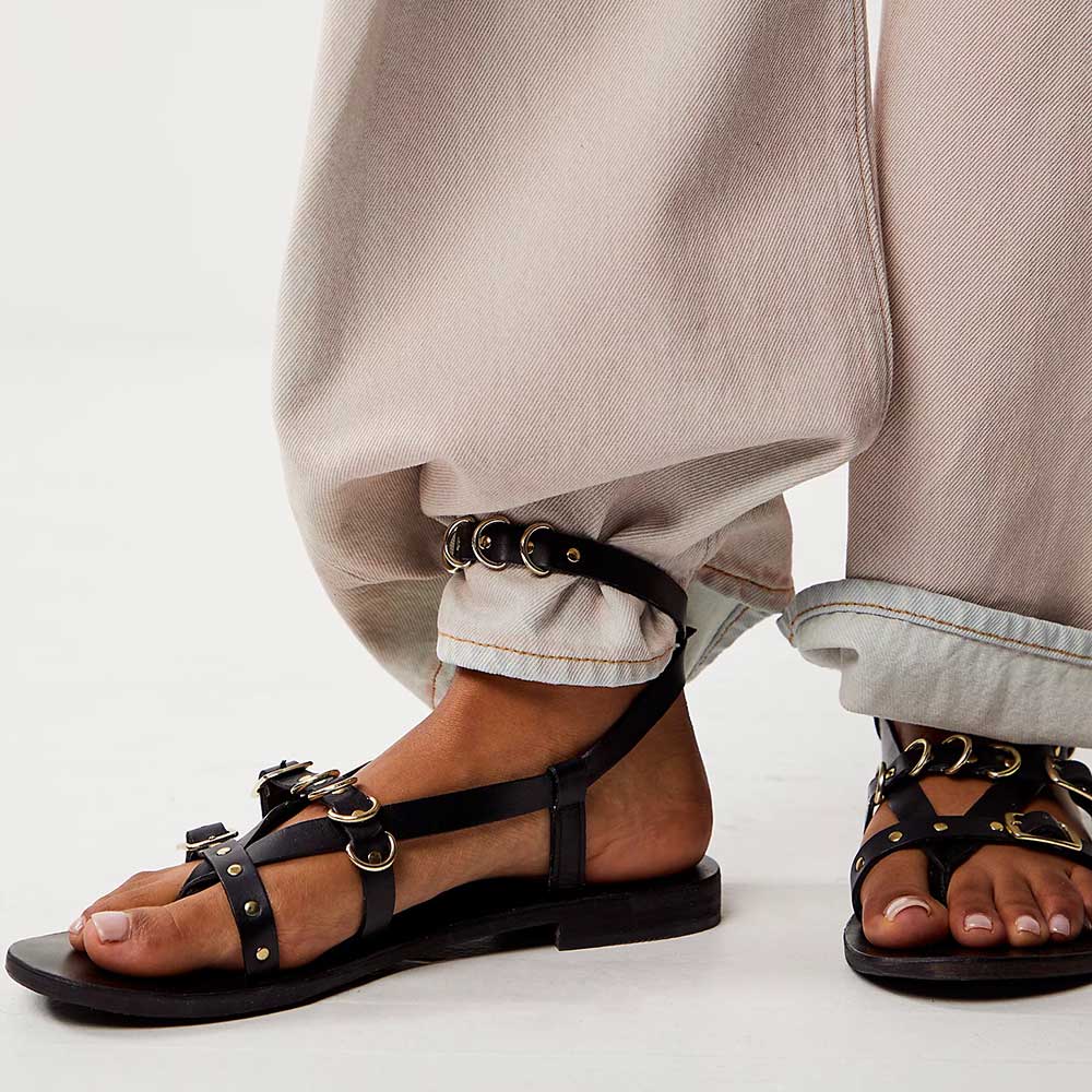 Black Vegan Leather Buckle Fastening Strappy Flat Comfy Lady's Sandals Nicepairs