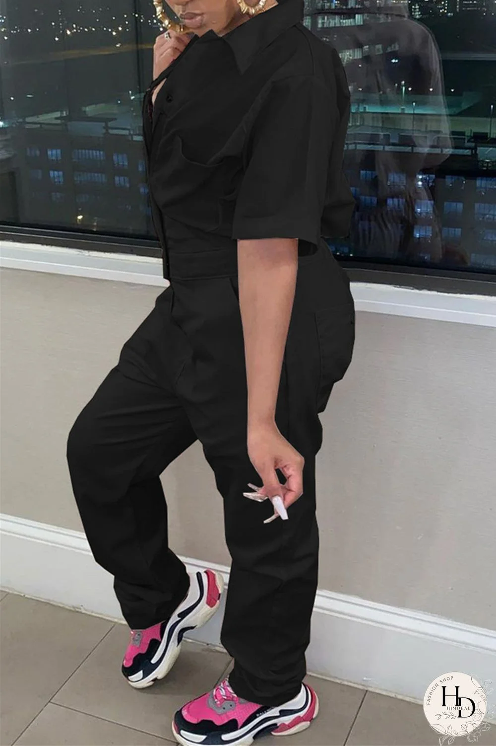 Grey Fashion Casual Solid Basic Turndown Collar Regular Jumpsuits