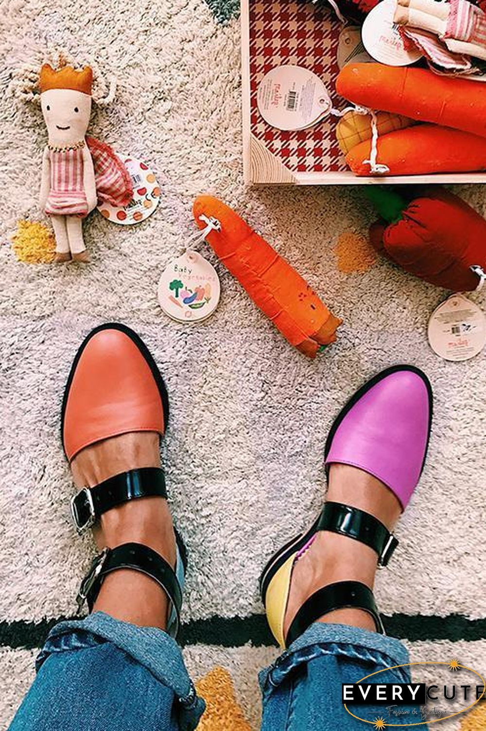 Buckle Color Block Sandals Flats