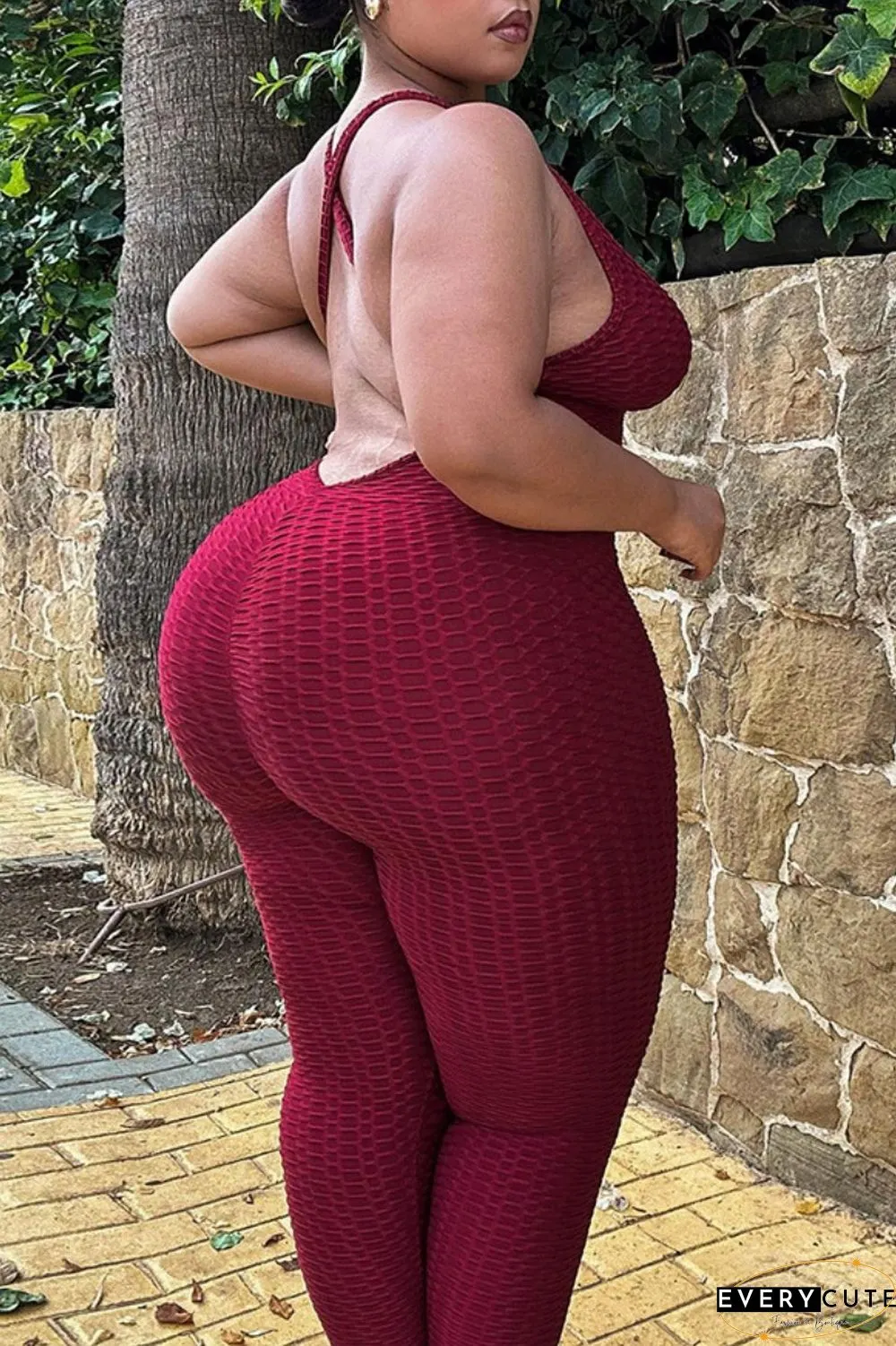 Pink Sexy Casual Solid Backless V Neck Plus Size Jumpsuits