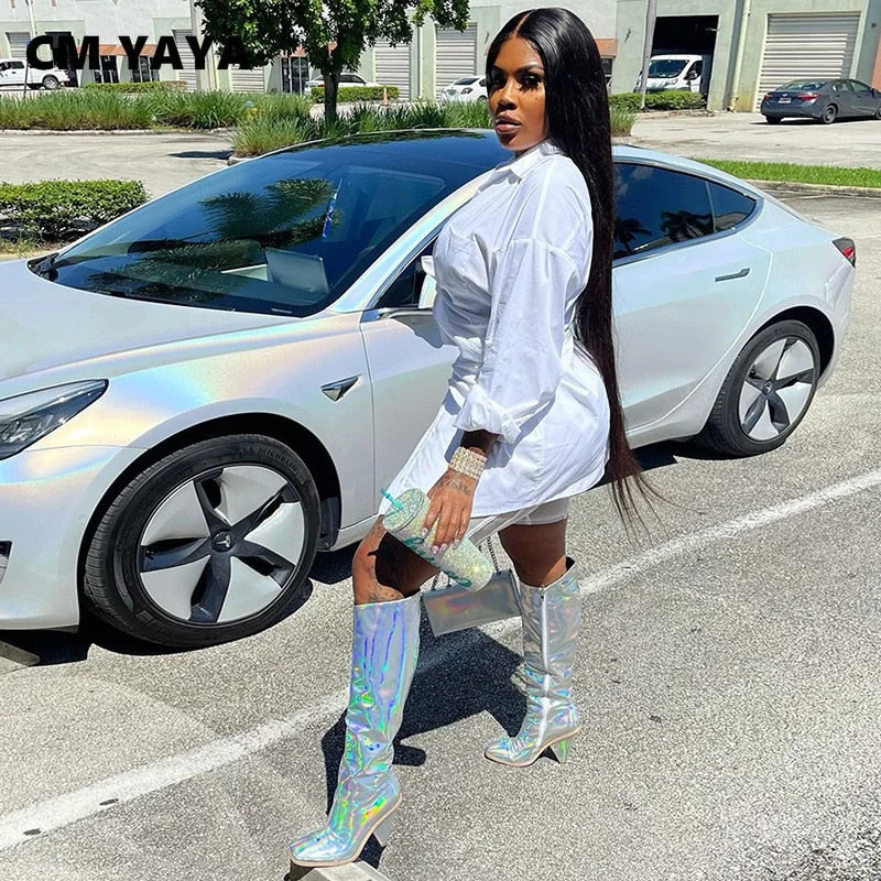 CM.YAYA Women White Long Sleeve Tie Up Single Breasted Cut Out Waist Sexy Irregular Blouse and Shirts