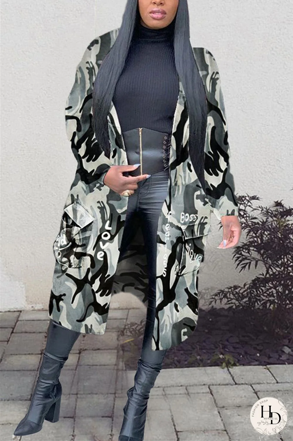 Camouflage Fashion Casual Turndown Collar Long Sleeve Regular Sleeve Letter Print Camouflage Print Coats