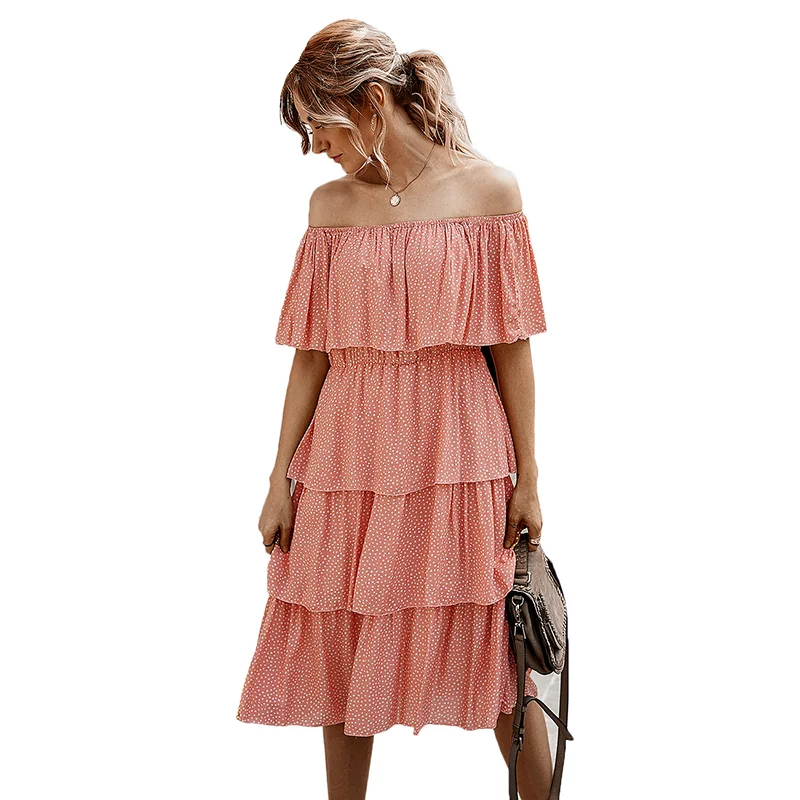 Pink Polka Dot Off Shoulder Dress