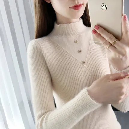 Uveng Uveng And Winter Half High Collar Button Thick New Foreign Style Jacket Sweater Imitation Mink Wool Coat Female Bottom Shirt