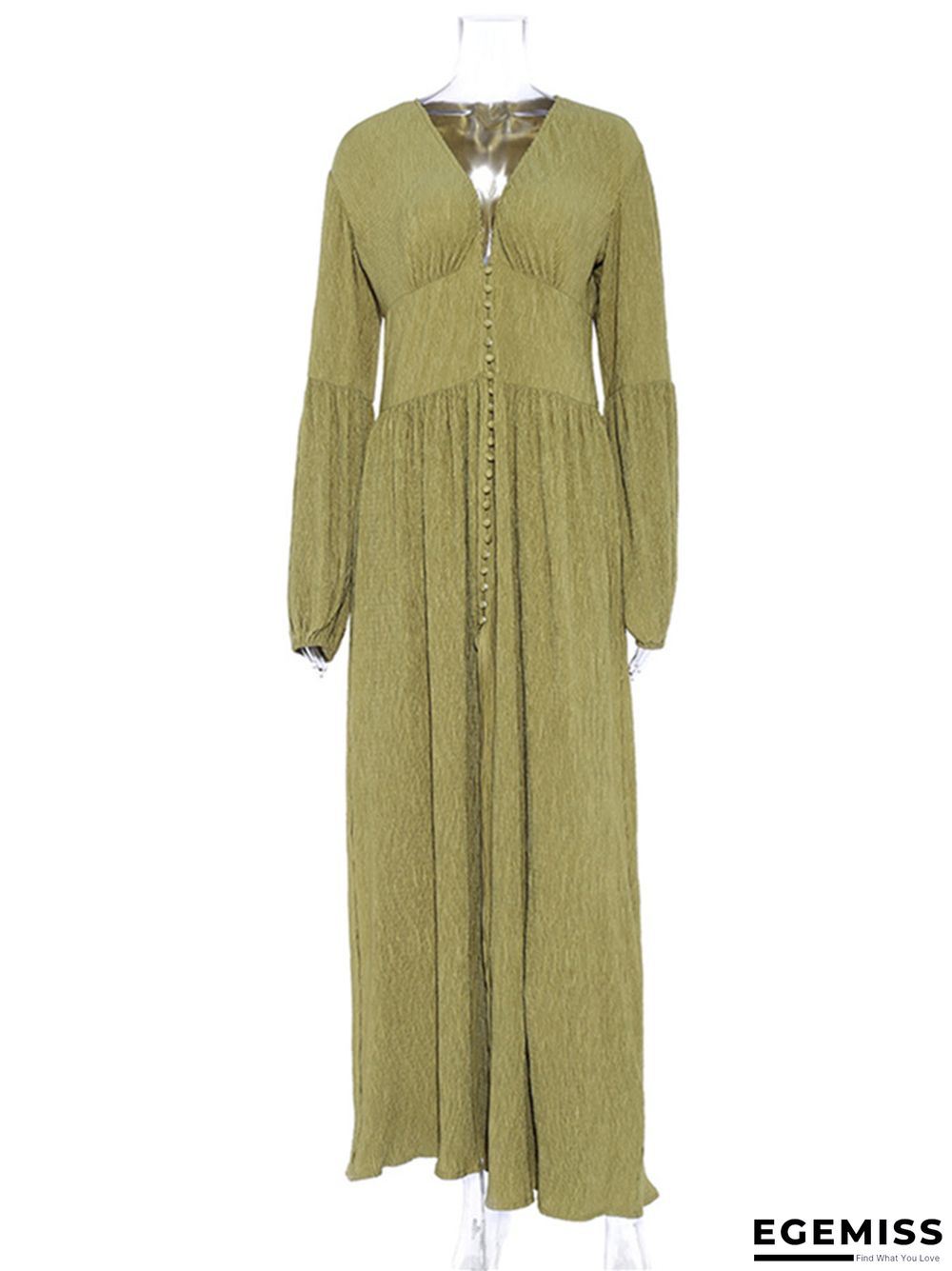 French Retro V-Neck Long Skirt Waist Fold Loose Dress | EGEMISS