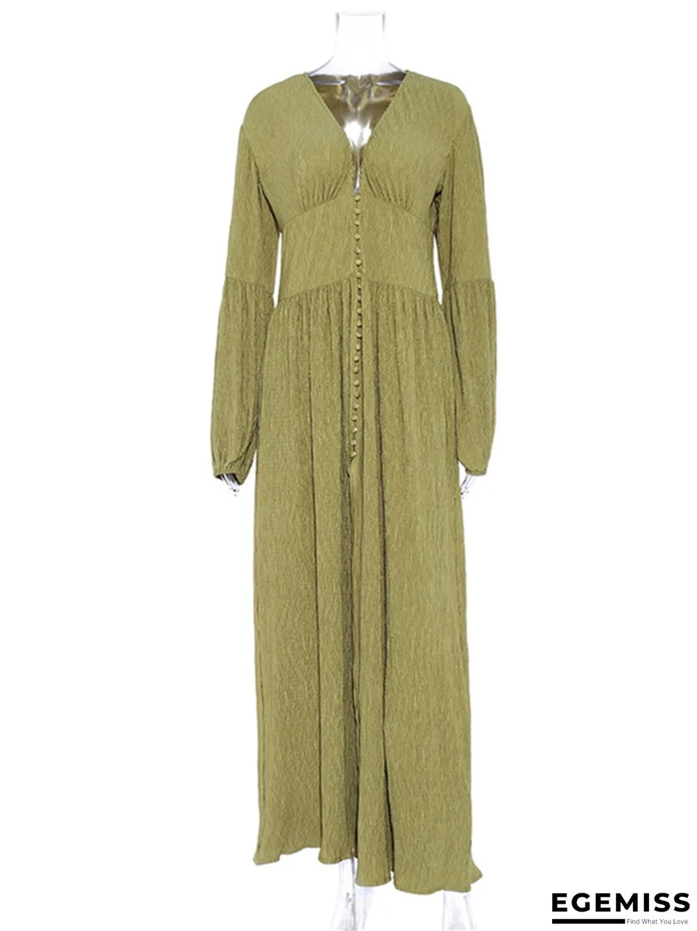 French Retro V-Neck Long Skirt Waist Fold Loose Dress | EGEMISS