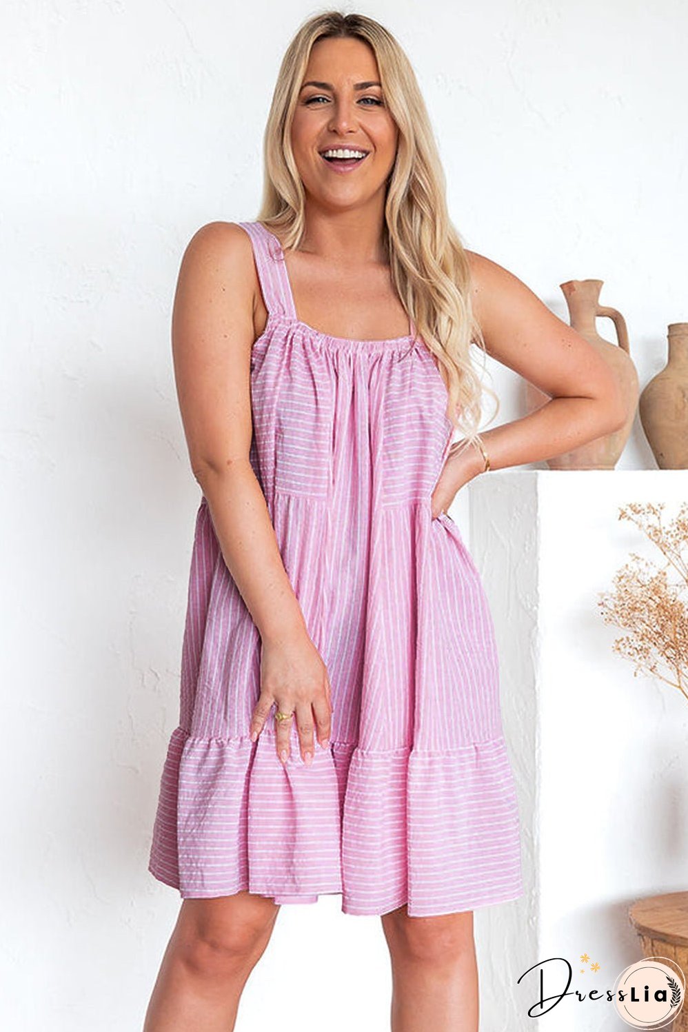 Pink Stripe Pinstriped Ruffled Hem Sleeveless Mini Flared Dress