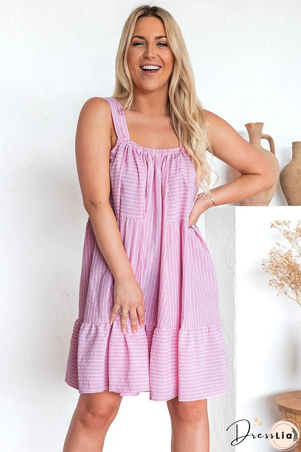 Pink Stripe Pinstriped Ruffled Hem Sleeveless Mini Flared Dress