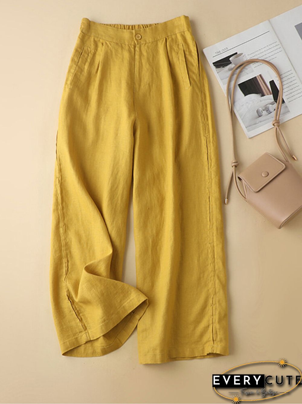 Solid Pocket Elastic Waist Straight Leg Casual Pants
