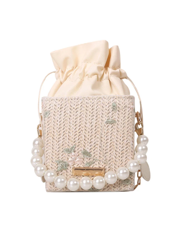 Women Flower Woven Drawstring Mini Crossbody Bags Bucket Pearl Handbags