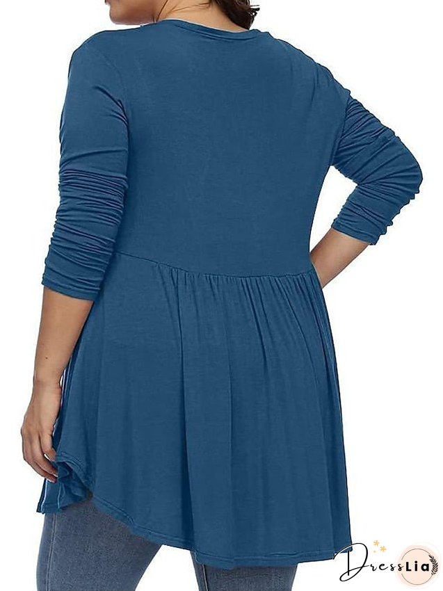 T shirt Tee Light Blue claret Deep Purple Plain Button Flowing tunic Long Sleeve Daily Weekend Basic V Neck Long Plus Size L for Women