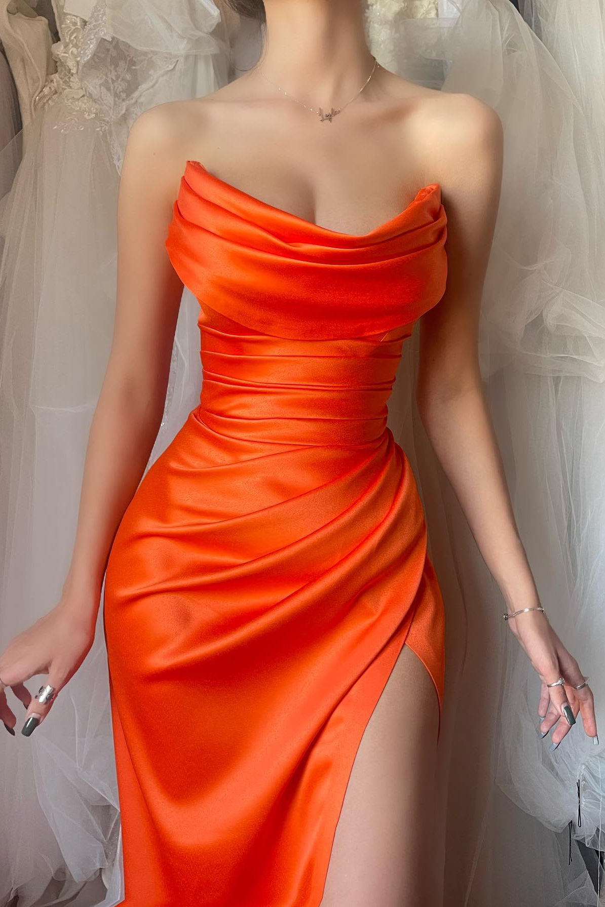 Dresseswow Orange Strapless Sleeveless Mermaid Prom Dress Pleats With Split