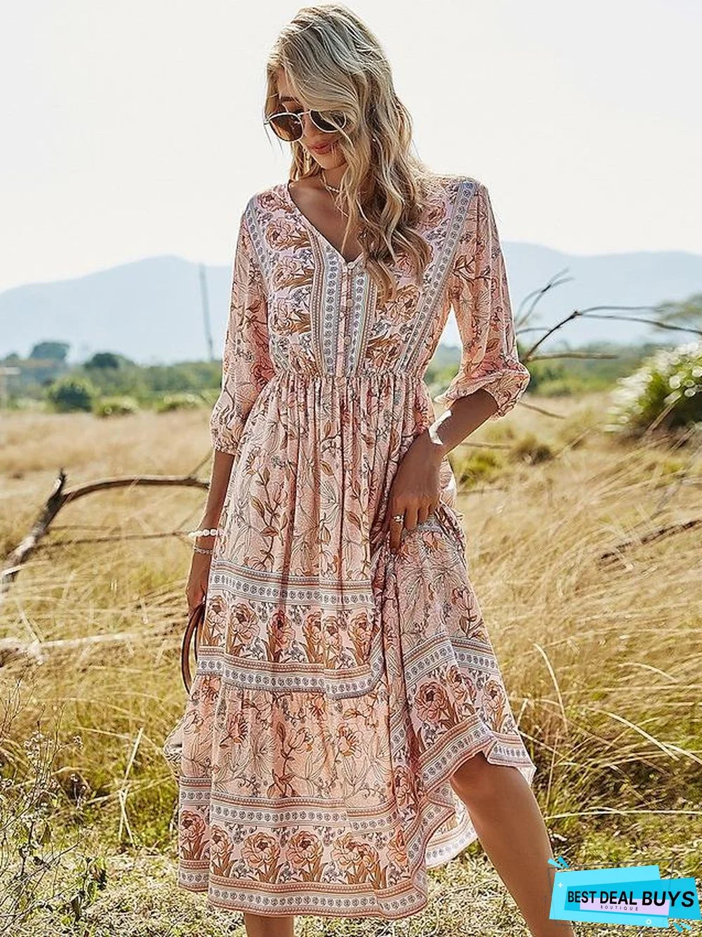 Women's Swing Dress Midi Dress Half Sleeve Print Spring Summer V Neck Vacation Holiday Boho