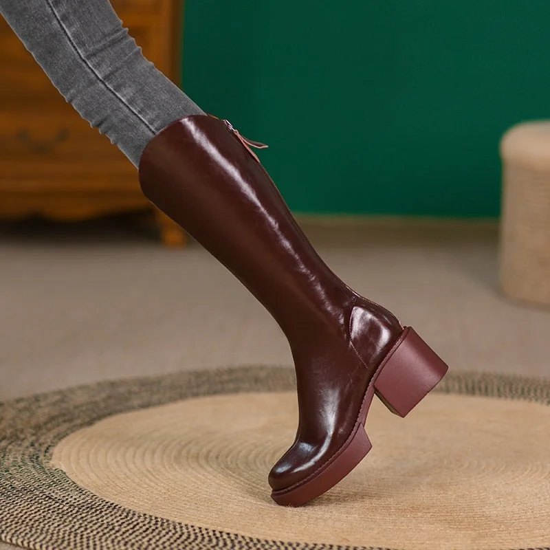 2021 NEW Women Genuine Leather Western Boots Round Toe Zipper Shoes Platform Thick High Heel Short Boots Autumn Winter Wine Red