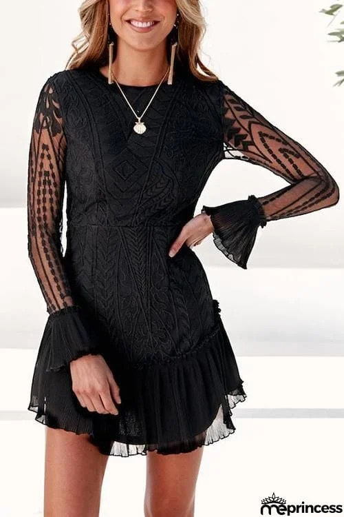 Lace Pleated Long Sleeve Ruffle Dress