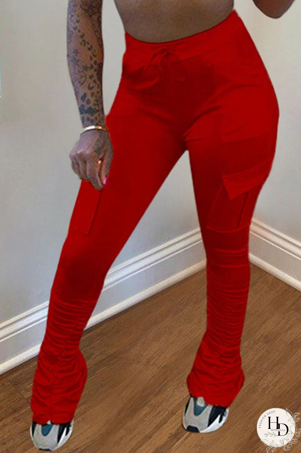 Yellow Drawstring High Solid Pocket Draped Boot Cut Pants Bottoms