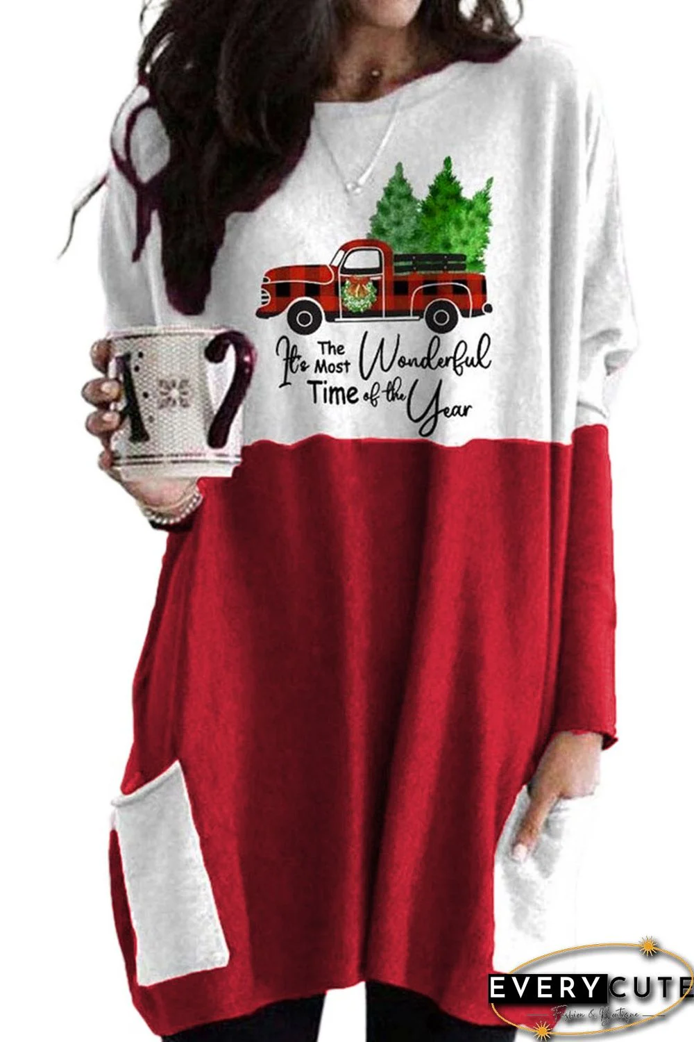 Red Christmas Printed Contrast Tunic Top