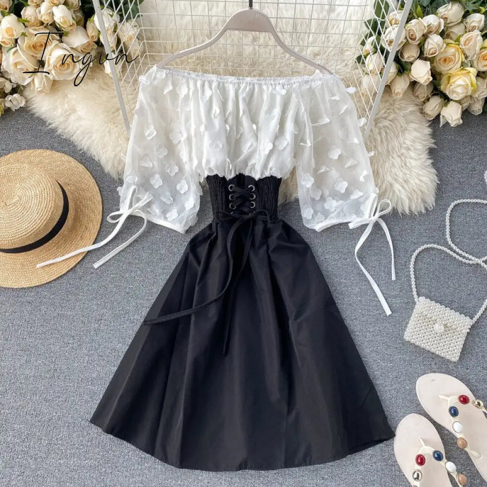 Ingvn - New Fashion Sexy Off Shoulder Patchwork Summer Short Dress Party Flower Chiffon Slim Waist