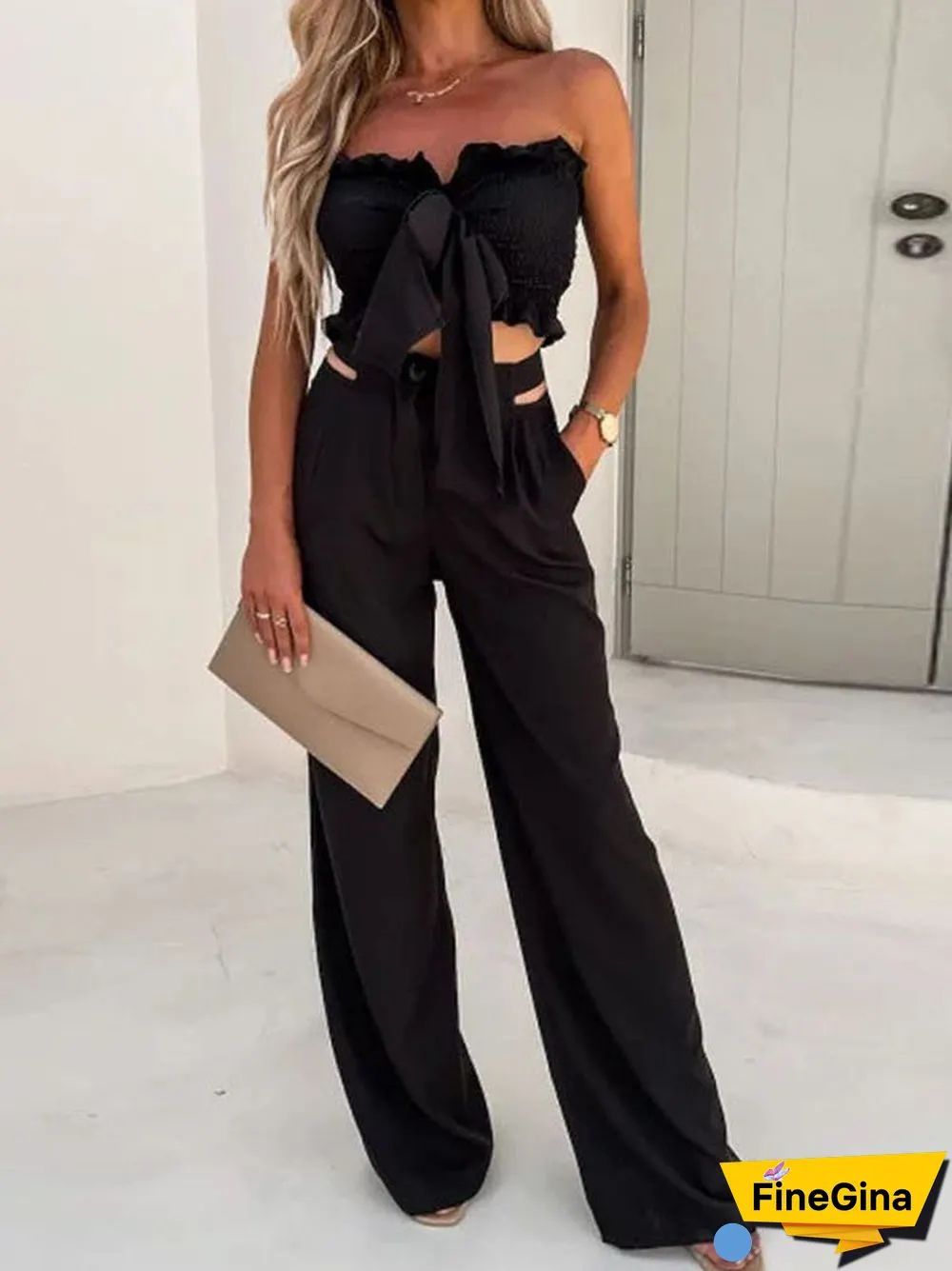 Women'S Sets Bow Cropped Top & Wide Leg Pants Two-Piece Set