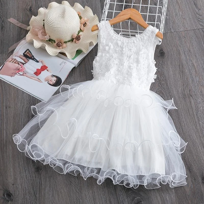 Kids Dresses For Girls Floral Lace Princess Dress Sleeveless Birthday Xmas Clothes Mesh Tutu Dress Girls 3-8Yrs Casual Clothing
