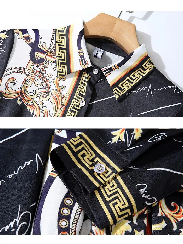 Fashion printed long-sleeved mid-length slim dress