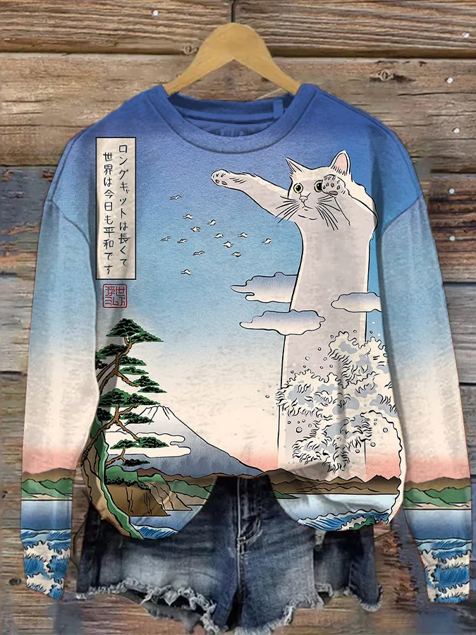 Women's Sea Wave Long Cat World Peace Print Casual Sweatshirt