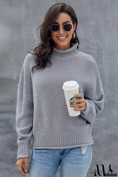 MidiSono - New Gray Chunky Batwing Long Sleeve Turtleneck Sweater