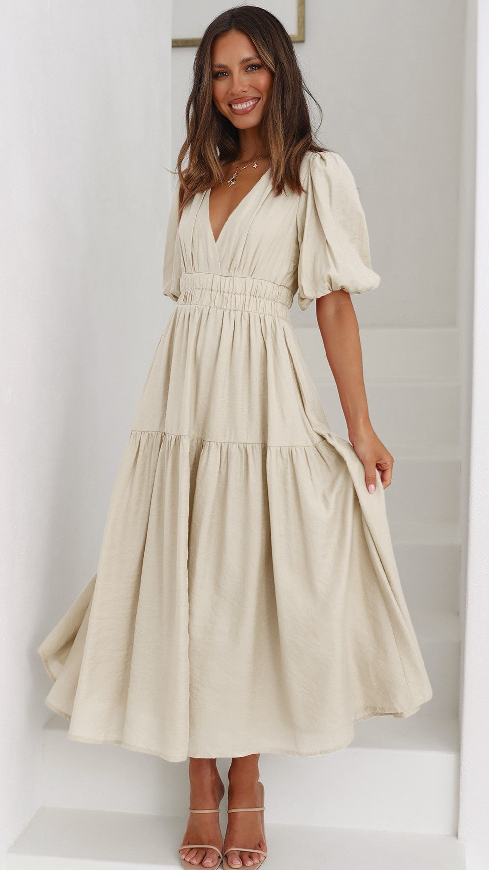 V-Neck Tassel Midi Dress Beige main image 0