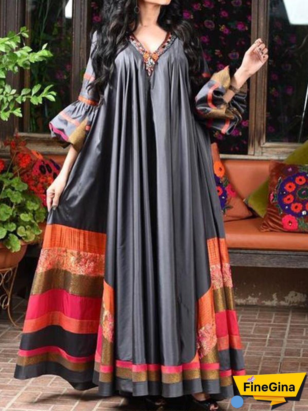 Black Joint Pattern Long Sleeve Dress