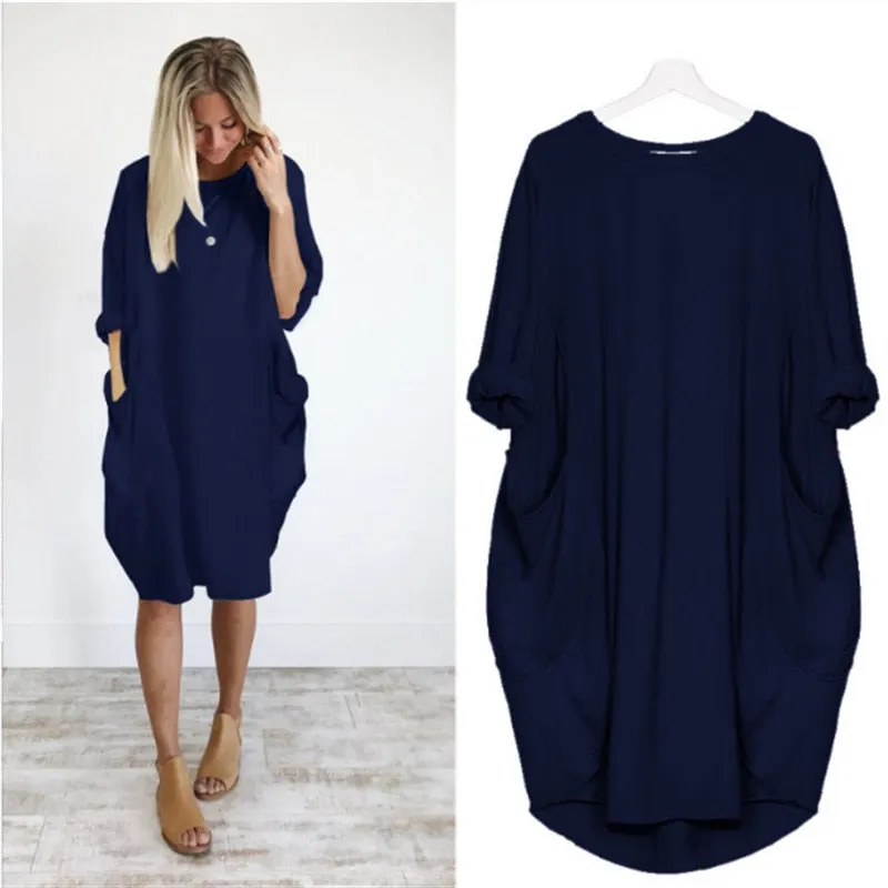 Autumn Solid Color Dress Women 2021 Fahsion Pocket O Neck Long Sleeve Loose Vintage Dresses Female Plus Size Casual Midi Dress