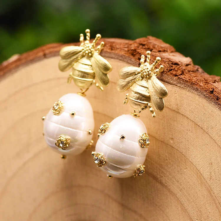 Natural Baroque Pearl Bee Earrings