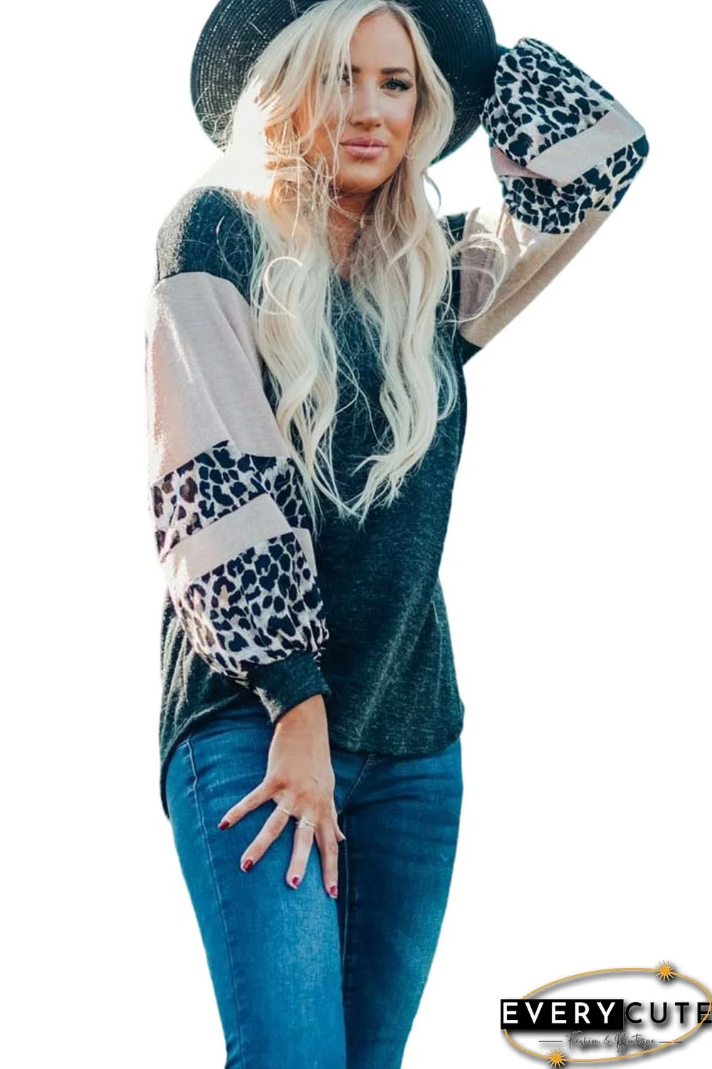 Gray Knit Contrast Puff Leopard Sleeves Top