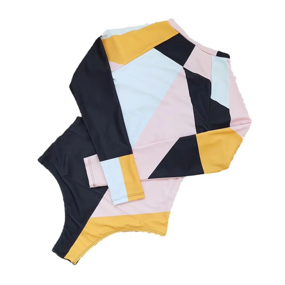 Uveng 2025 New Long-Sleeved Swimsuit Women's Surfsuit Integrated Multi-Color Splicing Zipper