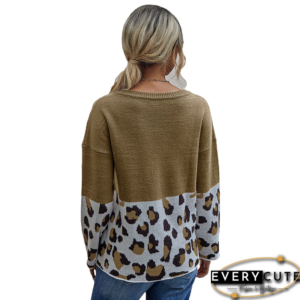 Khaki Splice Leopard Print Pullover Sweater