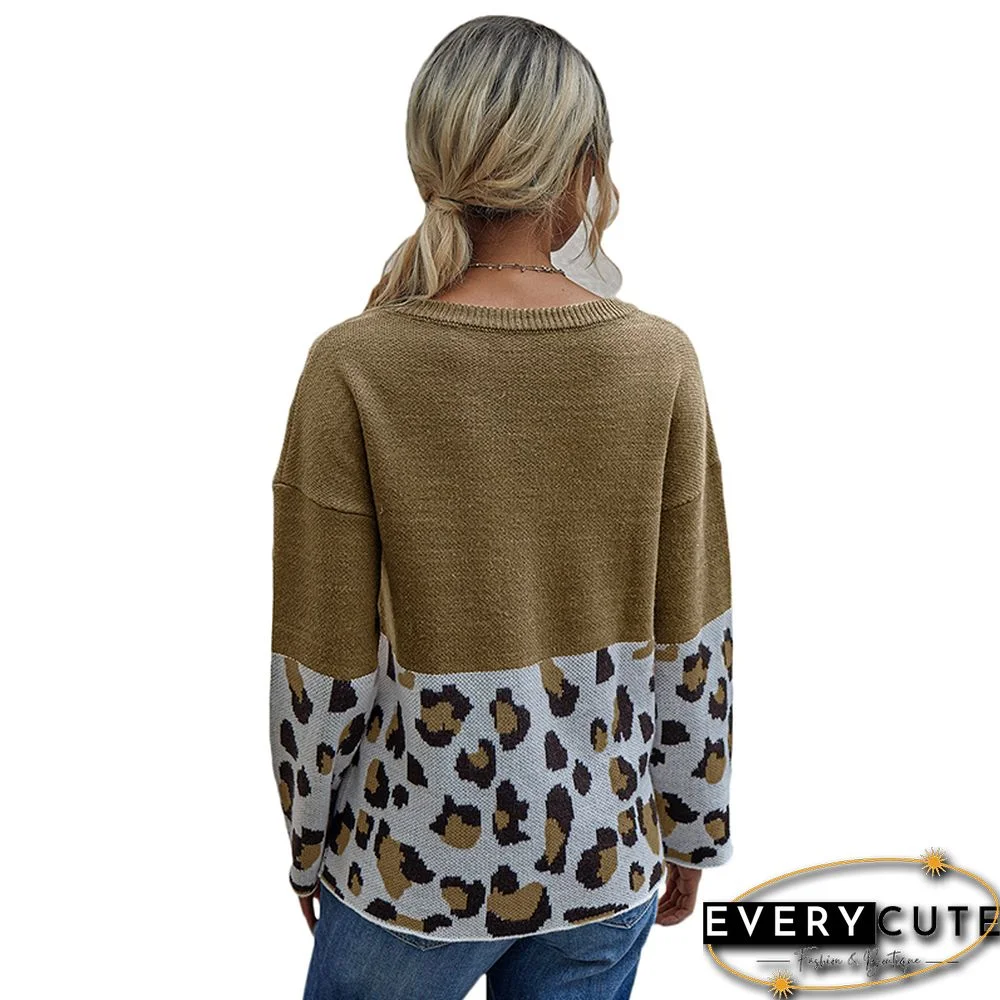 Khaki Splice Leopard Print Pullover Sweater