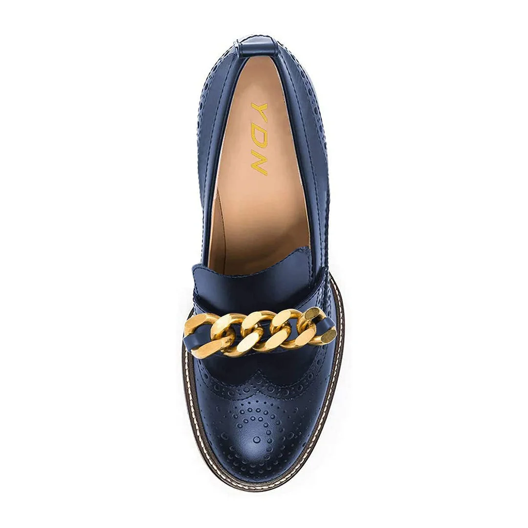 Navy Vegan Leather Perforated Chunky Heel Women's Loafers With Chain