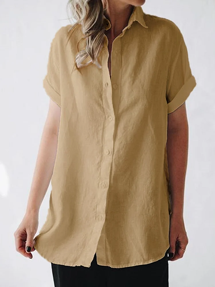 Women Short Sleeves Casual Linen Shirt