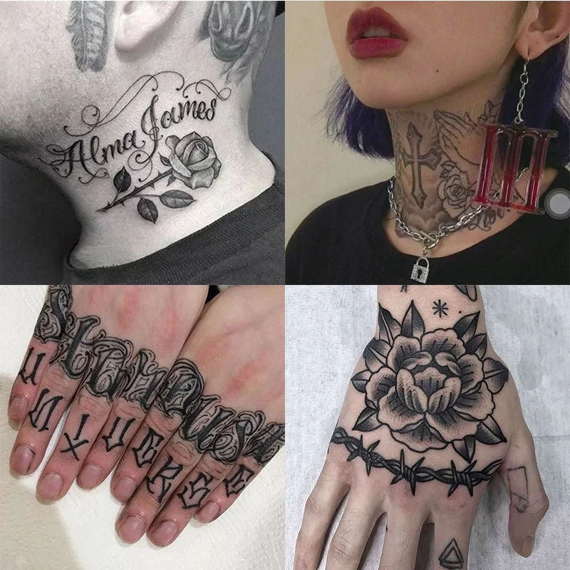 4PCS/Lot Cross Rose Finger Fake Tattoo Stickers For Men Women Hands Neck Body Temporary Tattos Water Transfer Decals