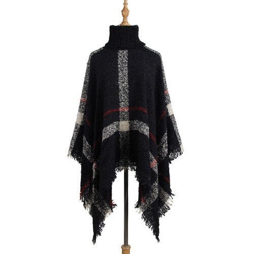 Poncho Sweater Women Fringed Stripe Knit Pullover Sweaters Cape Coat High Collar Vintage Shawl Scarf Panchos Female Winter - BlackFridayBuys