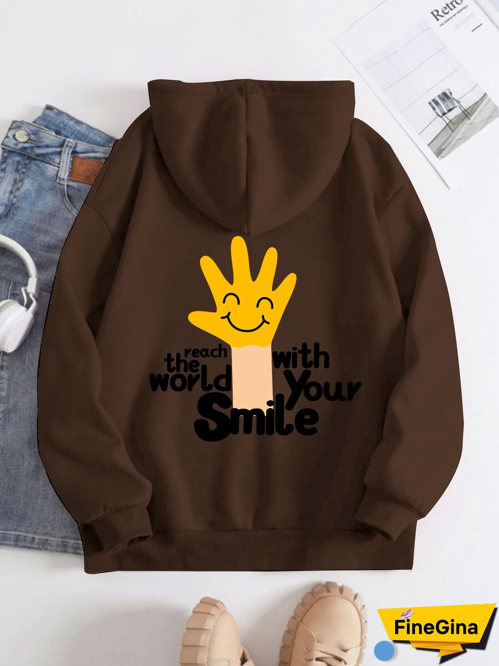 Printed on the Back Kangaroo Pocket Hoodie Long Sleeve for Women Pattern Touch the World with Your Smile