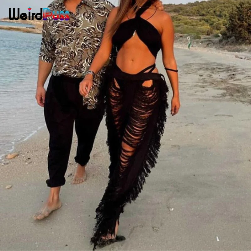 Weird Puss Ripped Side Tassel Straight Pants Women Sexy Gradient Trend Loose Party Hipster Skinny Street High Waist Trousers