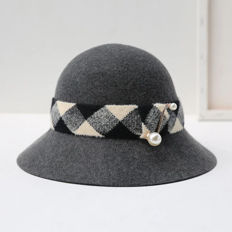 Elegant Bucket Hat Houndstooth Pattern Pearls Wool Knitted Hat