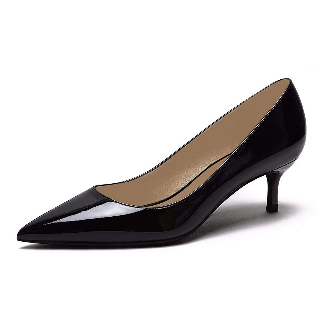Black Patent Leather Low Heel Closed Pointed Toe Slip-On Pumps Shoes