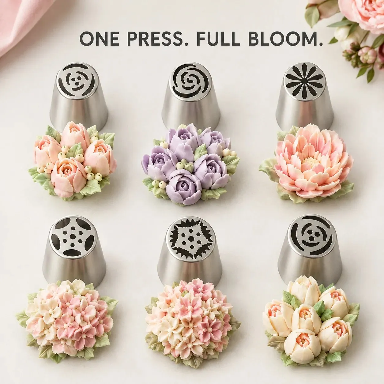 Russian piping tips create buttercream flowers with one press