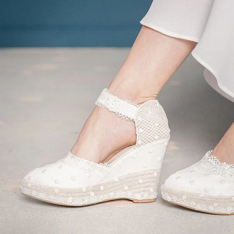 White Lace Bridal Shoes Ankle Strap Polka Dot Tulle Platform Wedges |FSJ Shoes
