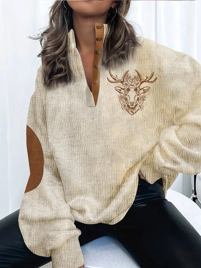 Women's Western Deer Print  Stand Collar Button Down Casual Sweatshirt