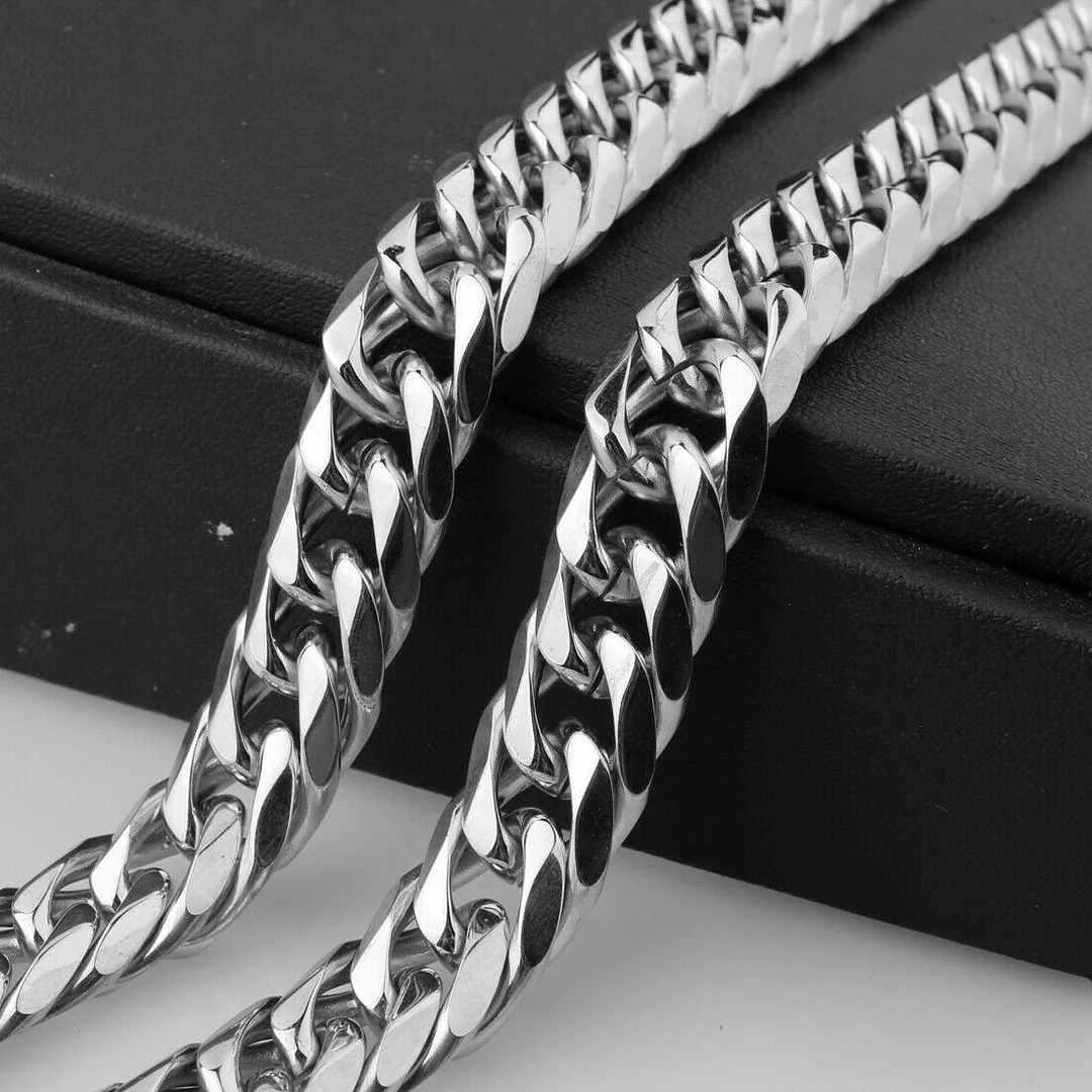 Silver Cuban Link Chain Necklace for Men Titanium Stainless Steel Chains Miami Tone Diamond Cut Chain Necklaces Accessories Jewelry 9/11/13/16/19/21MM 16-36 Inch