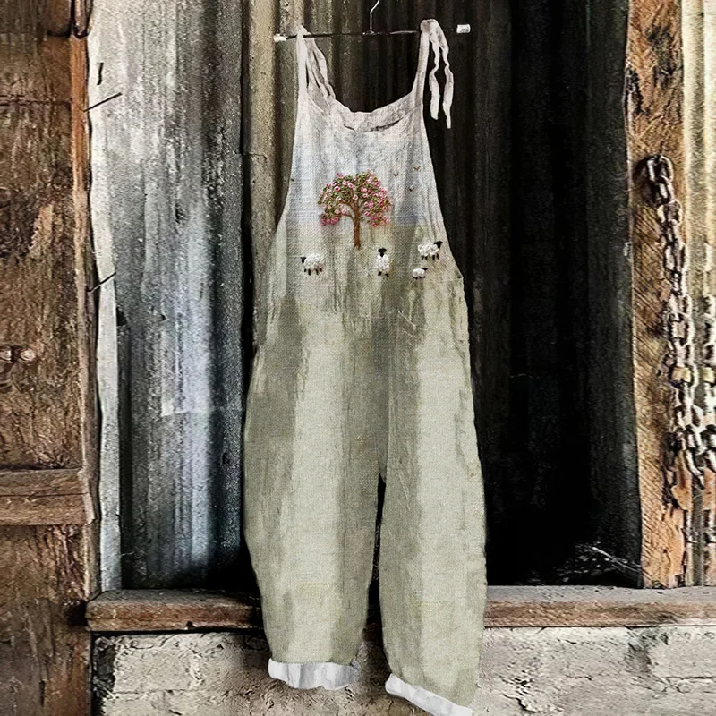Vintage Sheep And Tree Linen Blend Loose Casual Jumpsuit